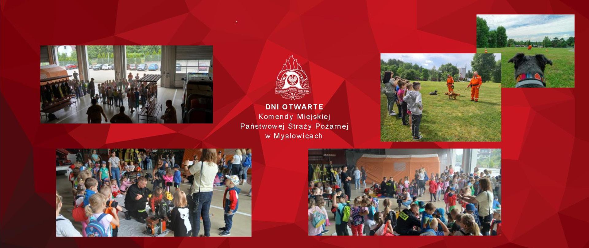 Na zdjęciu znajduje się zestaw zdjęć z Dni Otwartych Komendy Miejskiej Państwowej Straży Pożarnej w Mysłowicach. Na czerwonym tle, w centralnej części widnieje logo straży pożarnej oraz napis informujący o wydarzeniu.
Opis zdjęć:
1. Górne lewe zdjęcie:
- Przedstawia grupę dzieci i dorosłych wewnątrz strażnicy. Widać tu strażaków w mundurach oraz dzieci, które z zainteresowaniem słuchają opowieści o pracy strażaków.
2. Górne prawe zdjęcie:
- Pokazuje strażaków na zewnątrz, w otoczeniu zieleni, przeprowadzających pokaz z psem ratowniczym. Dzieci stoją w rzędzie i uważnie obserwują pokaz.
3. Dolne lewe zdjęcie:
- Ukazuje dużą grupę dzieci, które z bliska oglądają sprzęt strażacki i rozmawiają ze strażakiem. Widać także dorosłych, którzy towarzyszą dzieciom.
4.Dolne prawe zdjęcie:
- Kolejna scena wewnątrz strażnicy, gdzie dzieci siedzą na podłodze i oglądają prezentację strażaków.
Na wszystkich zdjęciach widać uśmiechnięte i zaciekawione twarze dzieci, co sugeruje, że Dni Otwarte były dla nich interesującym i edukacyjnym doświadczeniem. Wydarzenie to pozwoliło najmłodszym lepiej poznać pracę strażaków, zobaczyć sprzęt ratowniczy i dowiedzieć się, jak wygląda codzienna praca w straży pożarnej.
