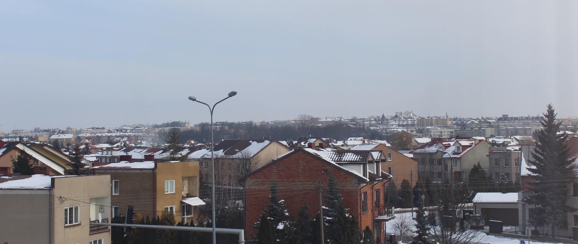 Na pierwszym planie budynki mieszkalne i usługowe murowane, z zaśnieżonymi dachami. Wśród nich drzewa i krzewy iglaste, a także zaspy śniegu przy ulicy. Na drugim planie budynki stanowiące panoramę miasta Łomża. W centralnej części zdjęcia są drzewa parku miasta Łomża. W tle pogodne niebo.