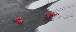 Fotografia przedstawia strażaków w ubraniach ratownictwa wodnego podejmujących z wody pozoranta. Ćwiczeniom przygląda się młodzież stojąca na pomoście na drugim planie.