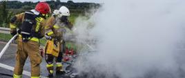 Pożar auta na S5. Jezdnia trasy S5 w kierunku Poznania. Na pasie awaryjnym stoi palący się samochód osobowy. Wokół niego silne zadymienie. Z prawej strony w kłębach dymu dwóch strażaków gaszących pożar. W tle drzewa i łąka.