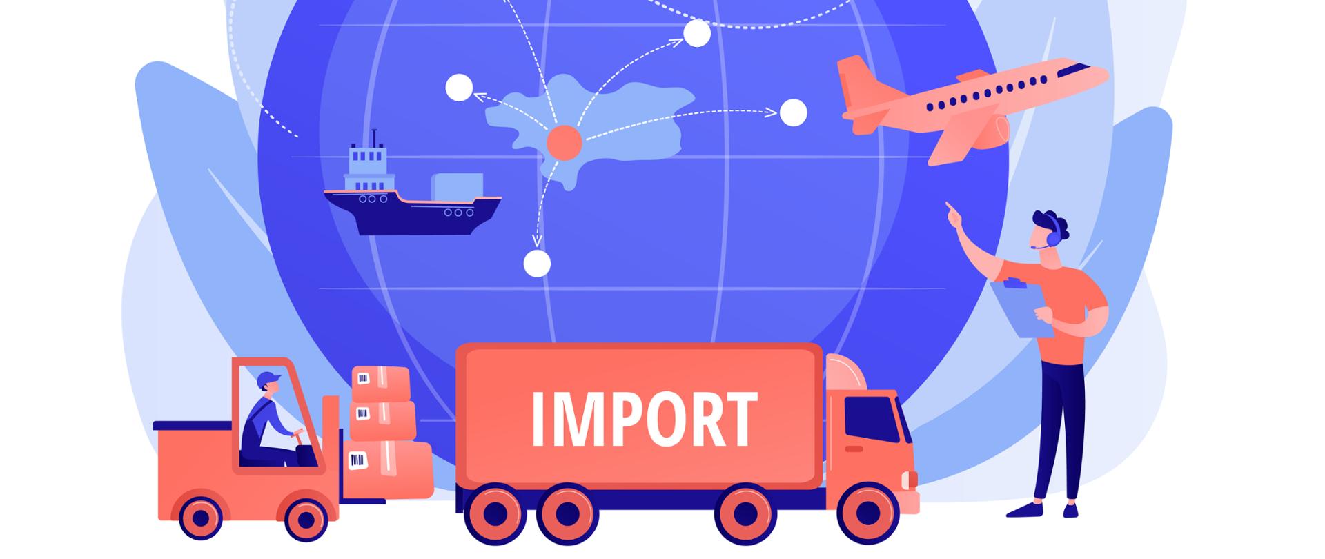 Company specializing in foreign products. Import of goods and services, import goods services, international sales process concept. Pinkish coral bluevector isolated illustration