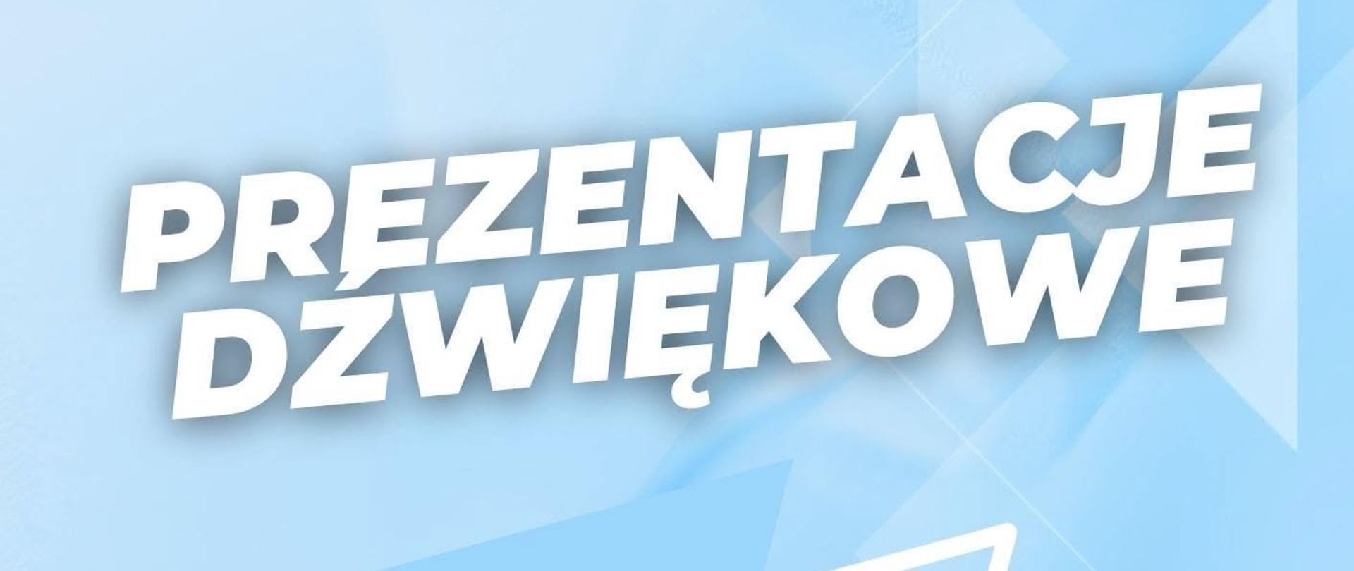 Plakat promujący prezentacje dźwiękowe organizowane przez Nowe Horyzonty Studio. Na jasnoniebieskim tle widnieje duży napis „Prezentacje dźwiękowe”, logo studia w centralnej części oraz symbole nut muzycznych po bokach. Na dole znajdują się logotypy partnerów i informacja o dofinansowaniu projektu ze środków Programu Fundusz Młodzieżowy na lata 2022–2033.