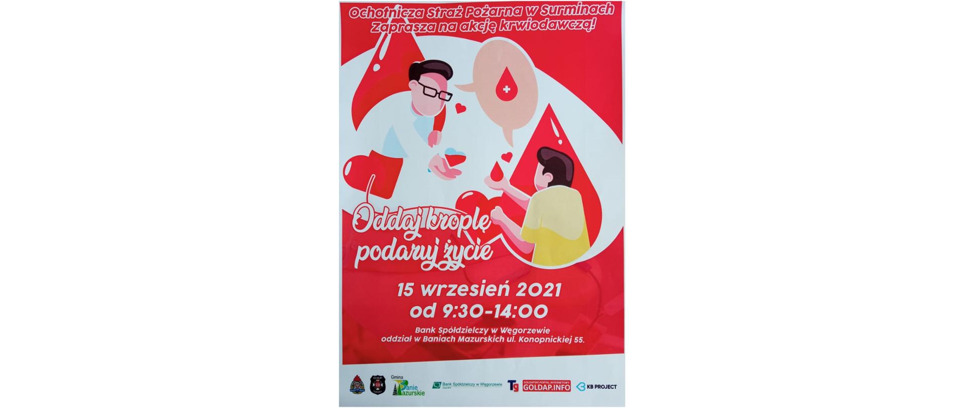 Zdjęcie przedstawia plakat akcji krwiodawstwa zaprojektowany przez OSP Surminy