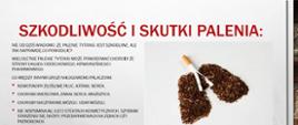 Slajd z prezentacji konkursowej - Szkoła Podstawowa im. Bohaterów Bukowskich w Buku (powiat poznański) - zdjęcie przedstawia kształt płuc ułożony z tytoniu oraz tekst: Nie od dziś wiadomo, że palenie tytoniu jest szkodliwe, ale tak naprawdę co powoduje?
Wieloletnie palenie tytoniu może powodować choroby ze strony układu oddechowego, krwionośnego i pokarmowego.
Co między innymi grozi nałogowemu palaczowi:
Nowotwory złośliwe płuc, krtani, nerek,
Choroba wieńcowa, zawał serca, miażdżyca,
Choroby naczyniowe mózgu, udar mózgu,
Nie wspominając już o efektach kosmetycznych, szybkim starzeniu się skóry, przebarwieniach na zębach czy paznokciach.
