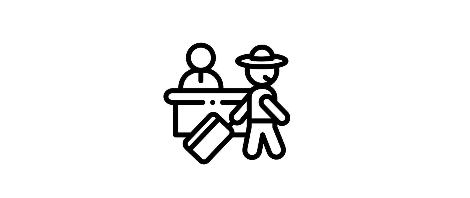Ikonka przedstawia dwie postacie, podróżnego i recepcjonistę