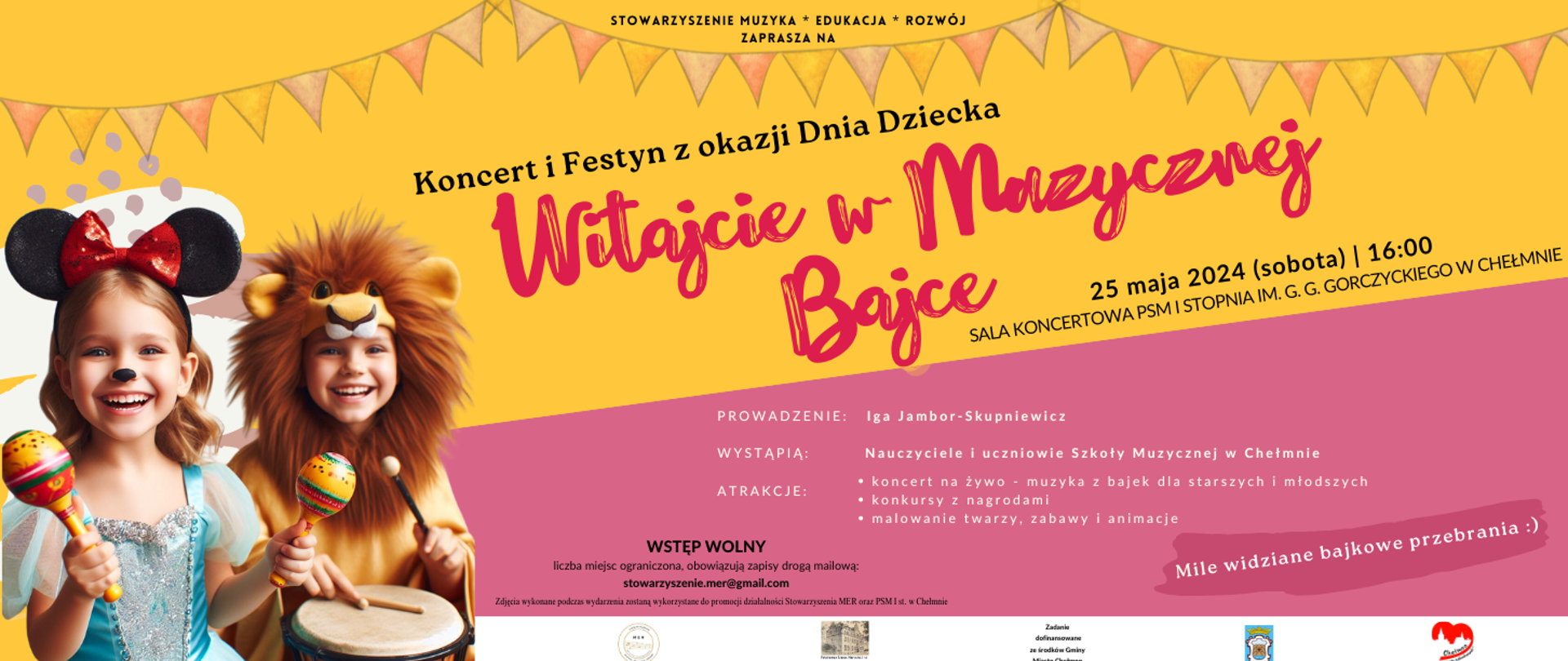 Po lewej stronie uśmiechnięte dzieci z instrumentami perkusyjnymi. W centralnej i po prawej stronie informacje o miejscu i czasie koncertu.