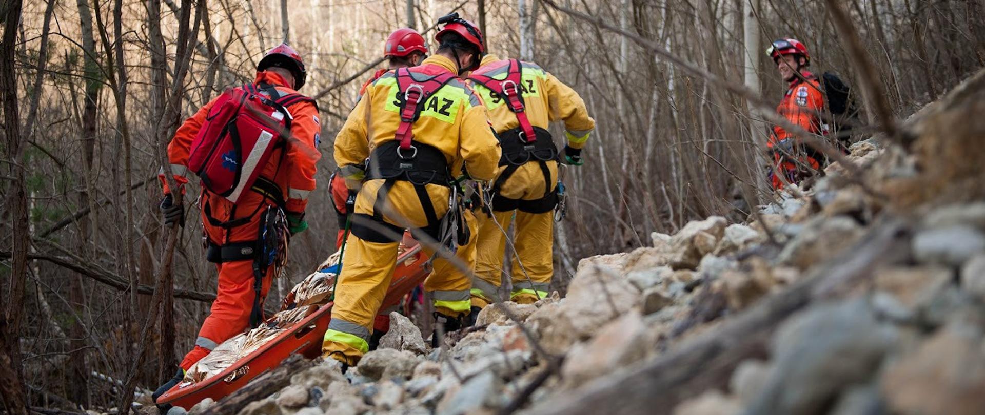 Czterech strażaków w trakcie ćwiczeń - ewakuacja poszkodowanego w noszach po stromym zboczu. 