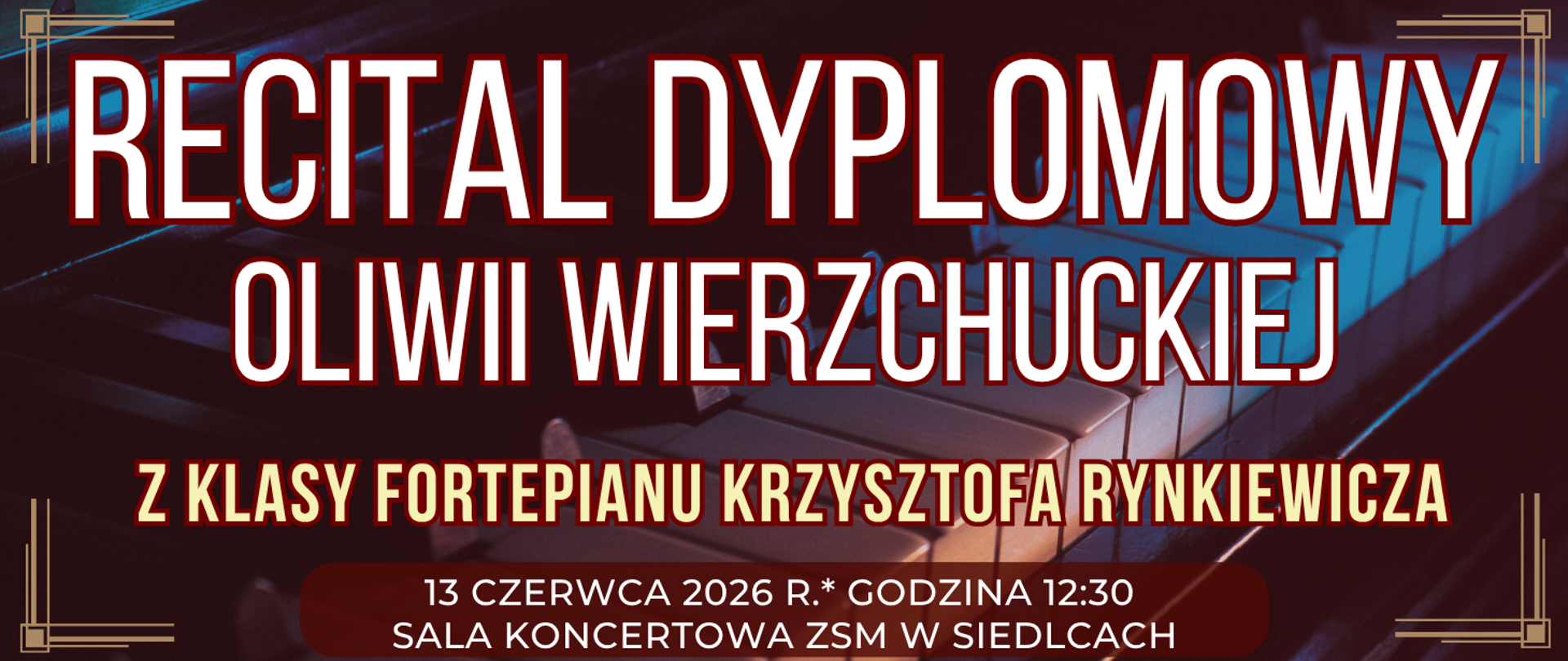 baner w tle klawiatura fortepianu oświetlona kolorowo oraz informacja o wydarzeniu