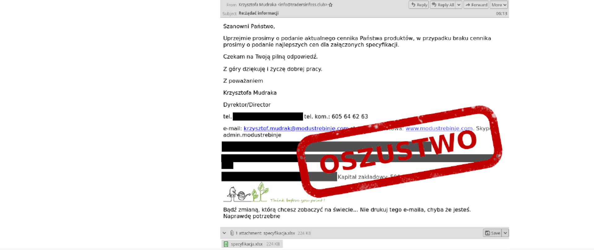 Zdjęcie fałszywej wiadomości e-mail z załącznikami - na zdjęciu czerwony napis oszustwo