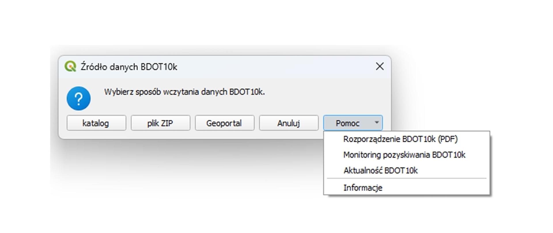 Ilustracja przedstawia zrzut okna wtyczki BDOT10k_GML_SHP w oprogramowaniu QGIS - wybór sposobu wczytania danych BDOT10k