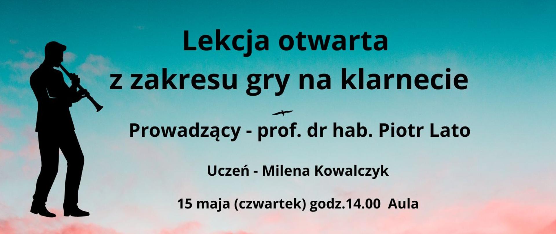 Lekcja otwarta 15.05.2025 godz.14.00 niebiesko-różowy plakat postać grająca