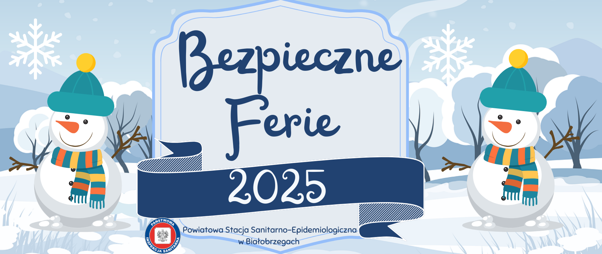 Bezpieczne ferie 2025 - ilustracja z zimowym bajkowym tłem z dwoma bałwanami ubranymi w czapki i szaliki 