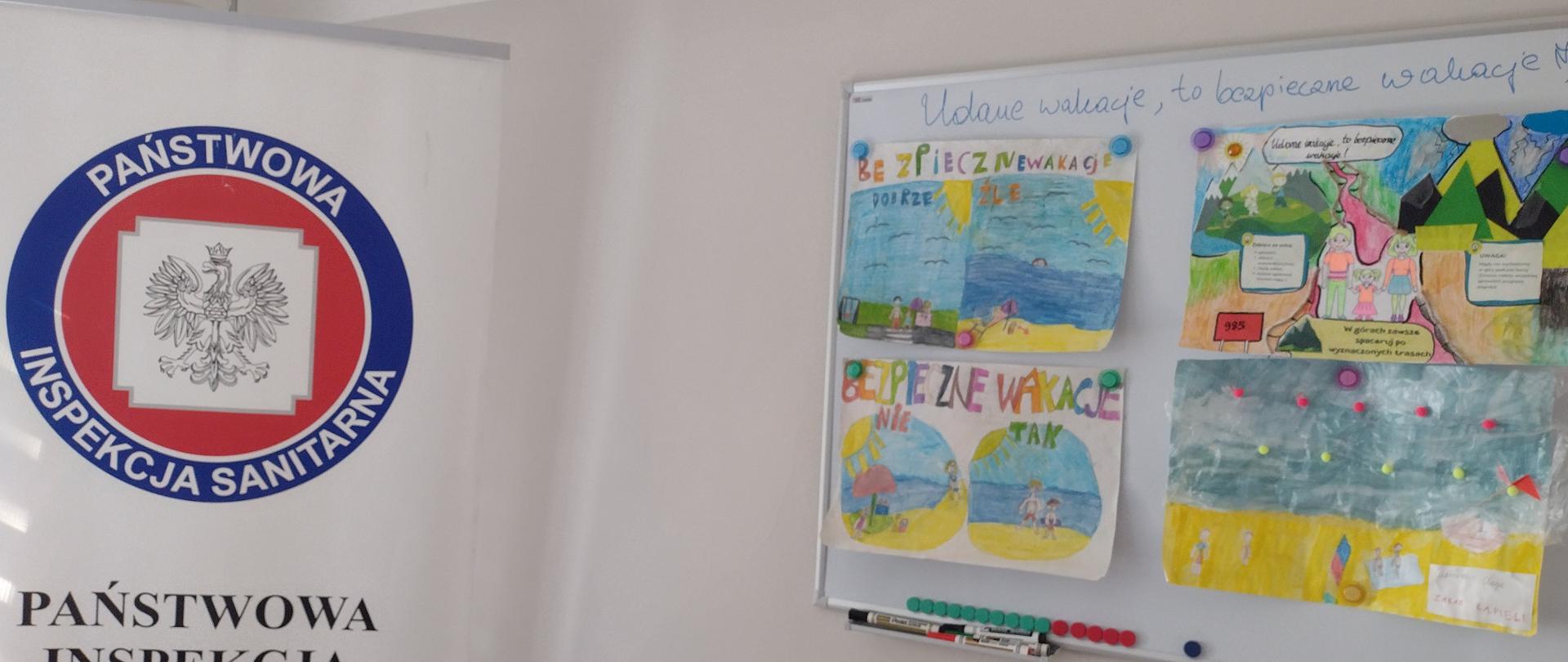 Zdjęcie przedstawia prace konkursowe o tematyce bezpiecznych wakacji.