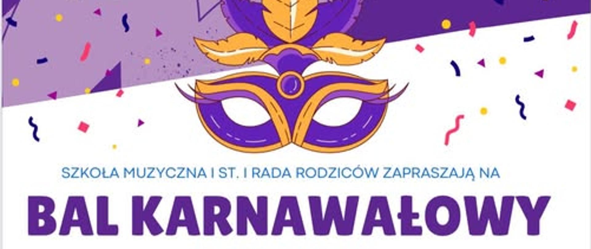 Na białofioletowym tle oraz zdjęciami instrumentów i maski karnawałowej znajdują się informacje dotyczące balu karnawałowego.