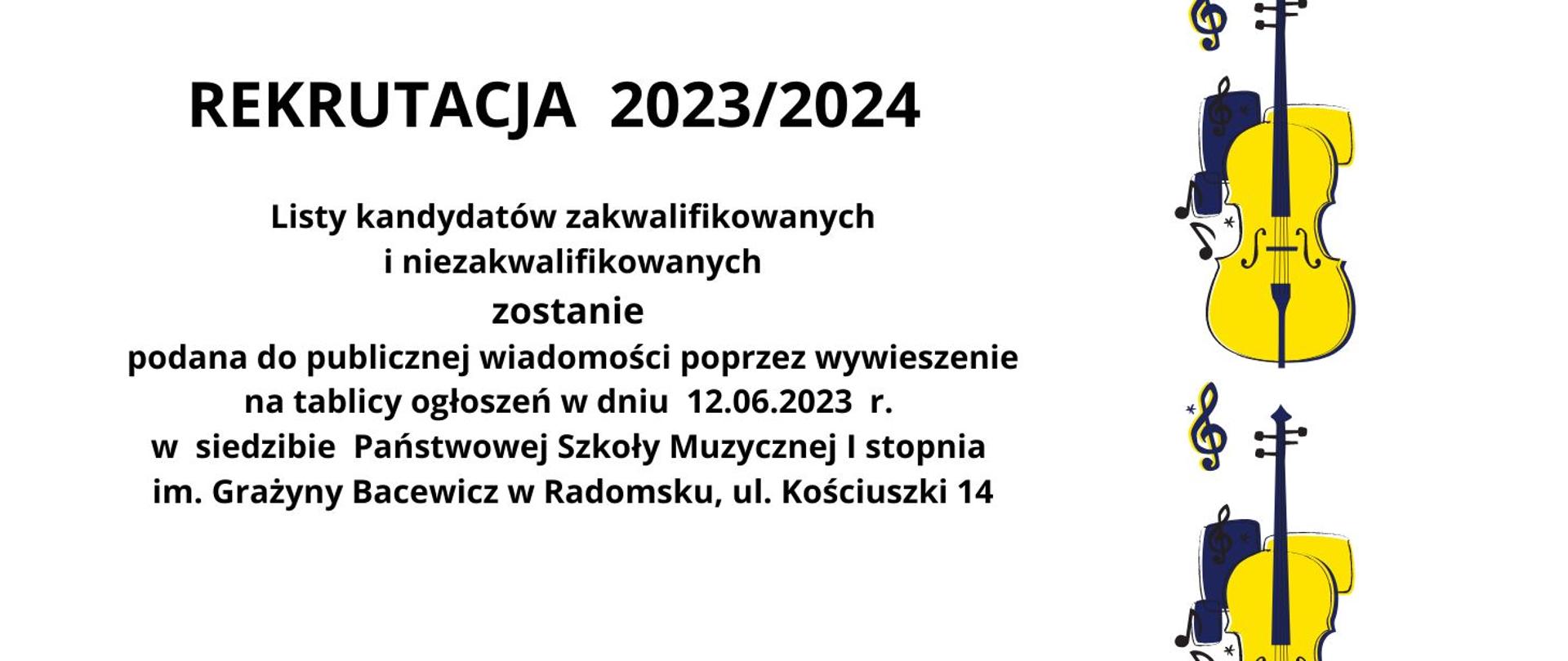 Na białym tle znajdują się napisy informacyjne w kolorze czarnym oraz grafiki nut, kluczy wiolinowych oraz wiolonczel w kolorach czarnym, granatowym i żółtym.