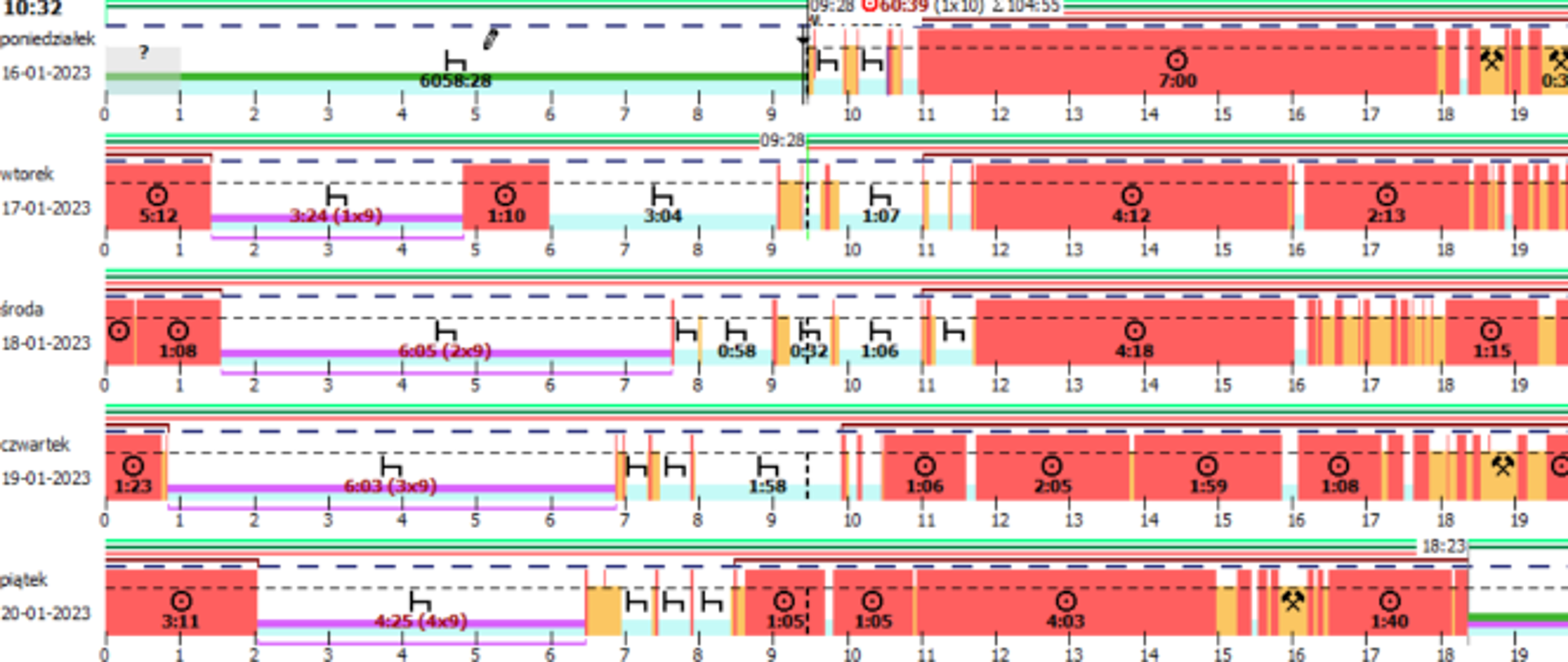 Widok tygodniowego wykresu aktywności kierowcy 