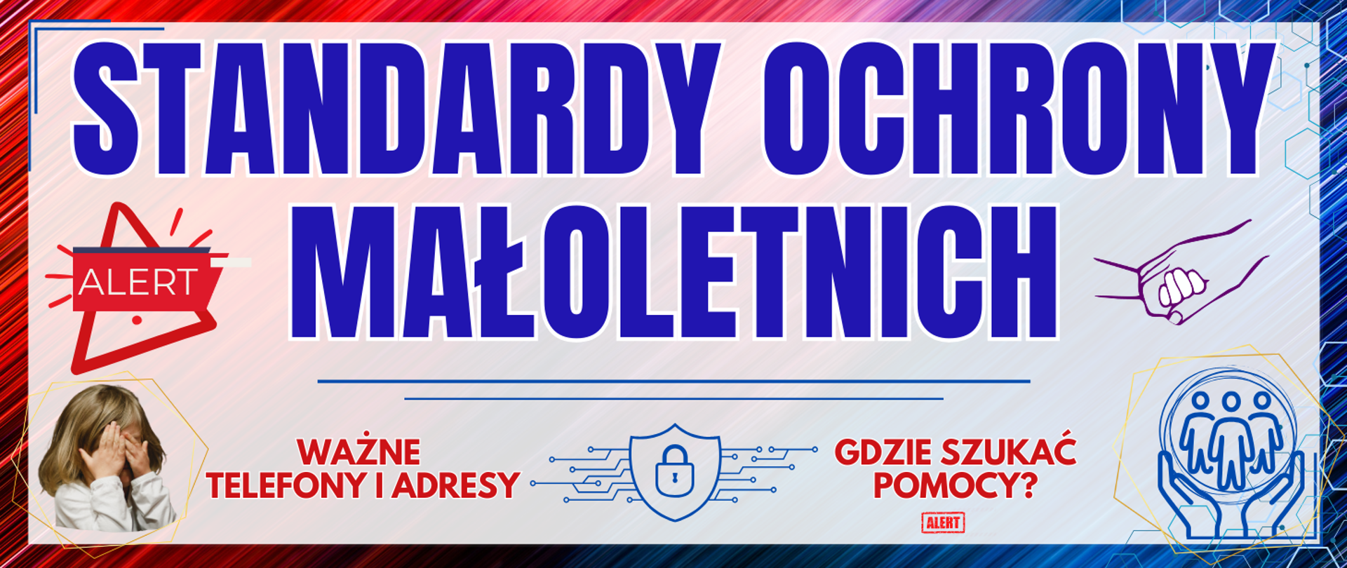 kolorowa ramka w środku symbole ludzi i dziecka zasłoniętego rękami oraz informacja o standardach ochrony małoletnich