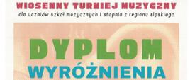 Dyplom wyróżnienia dla Nadii Wolner w Wiosennym Turnieju Muzycznym dla uczniów szkół muzycznych pierwszego stopnia z regionu śląskiego w Katowicach dnia dwudziestego trzeciego marca dwa tysiące dwudziestego szóstego roku