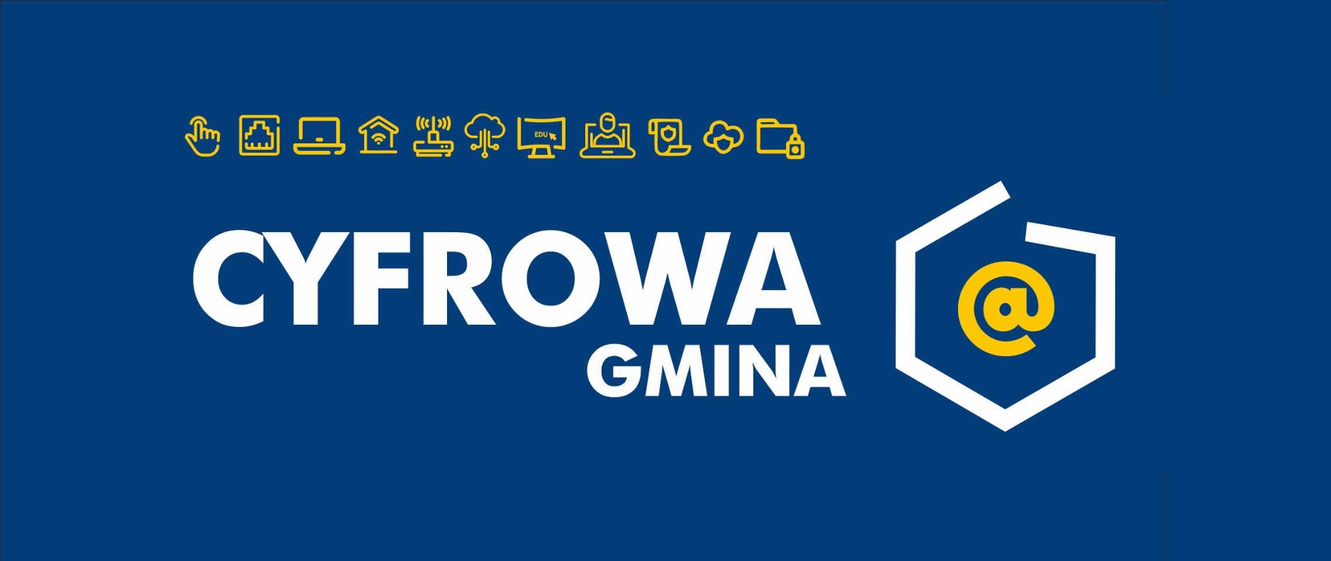 Na niebieskim tle napis Cyfrowa Gmina i logo projektu.