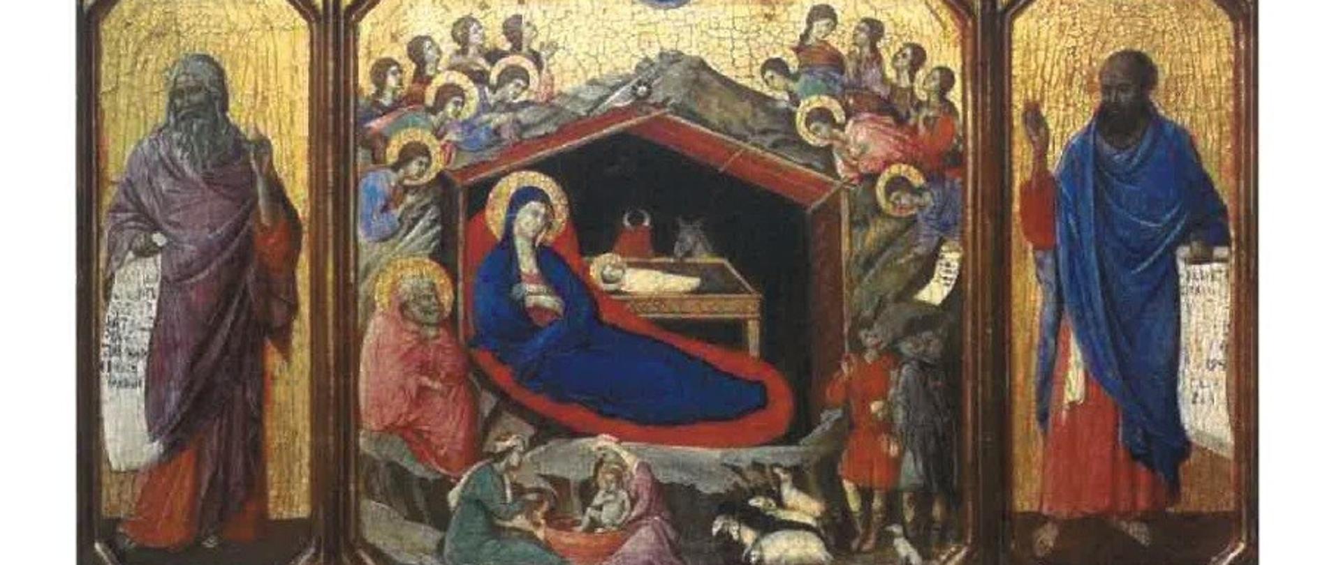 Zdjęcie przedstawia obraz Duccio di Buoninsegna, na którym znajduje się stajenka Betlejemska z Maryją i narodzonym Jezusem otoczona aniołami oraz pasterzami. 