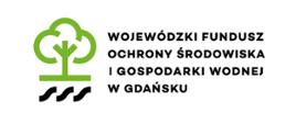 Logo Wojewódzkiego funduszu ochrony środowiska i gospodarki wodnej w Gdańsku. Duży czarny napis na białym tle. Obok logo zielonego drzewa i czarnych fal.