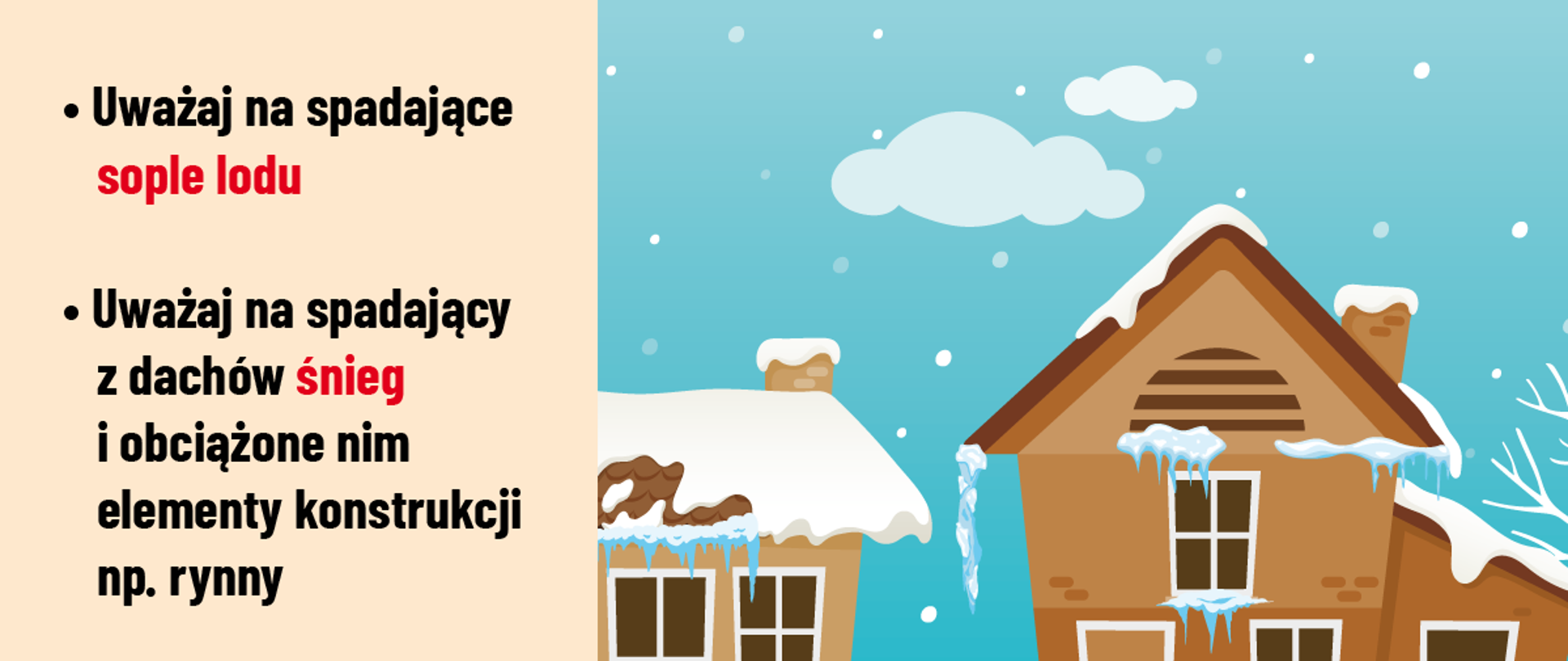 Obrazek przedstawia rysunki domów z pokrywą śnieżną z informacją aby uważać na śnieg i sople. 