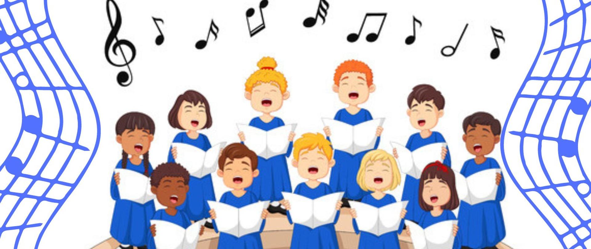 plakat w pionie informujący o spotkaniach chóralnych w dniu 10.05.23. W centrum plakatu kolorowa grafika przedstawiająca śpiewający chór dziecięcy, po bokach niebieskie pięciolinie z nutami. U dołu plakatu informacja, że w wydarzeniu wezmą udział chóry z Państwowej Szkoły Muzycznej I st. w Olecku oraz Giżycku. O godz. 17.30 koncert galowy obu chórów, wstęp wolny. U góry plakatu od lewej strony logo funduszy Europejskich, logo szkoły, flaga Unii Europejskiej.