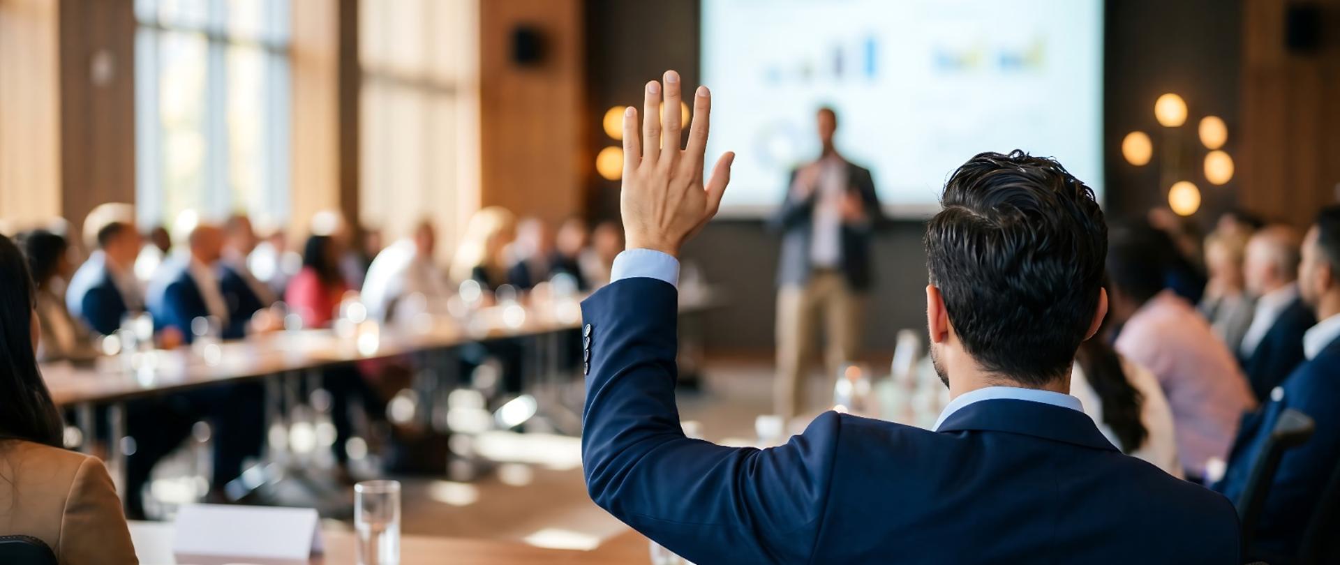 spotkanie dużej grupy osób w oficjalnej sytuacji przy stole konferencyjnym. Na pierwszym planie mężczyzna tyłem w garniturze z podniesioną ręką. W tle prowadzący prezentację na tle ekranu z wykresami