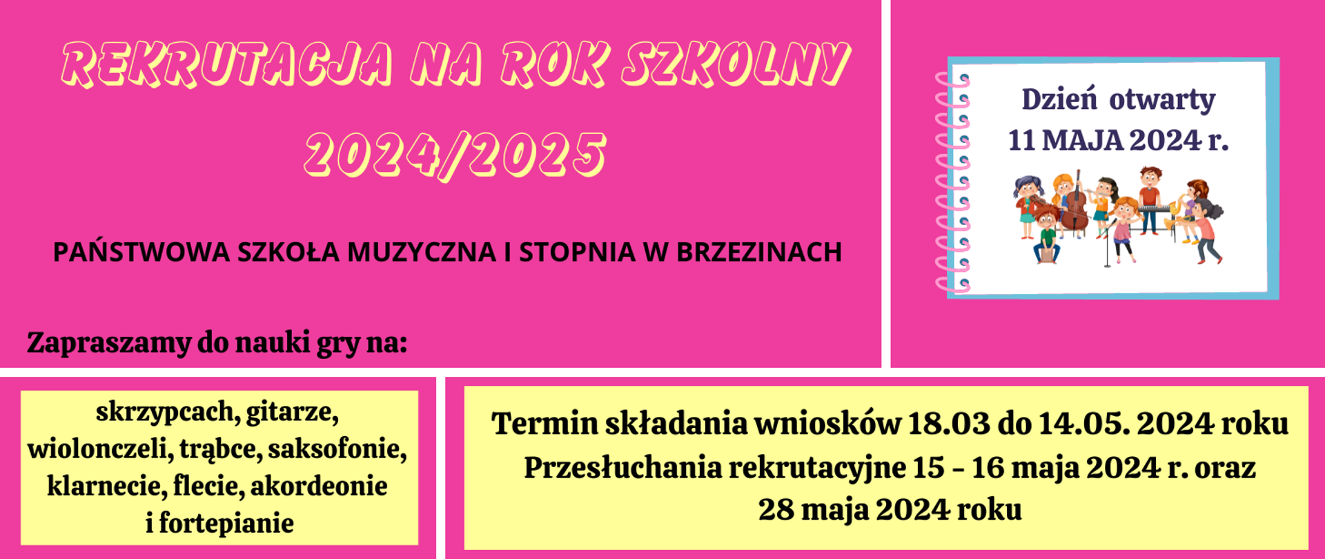 Grafika przedstawia na różowym tle informację dotyczącą rekrutację do szkoły na rok szkolny 2024/2025. 