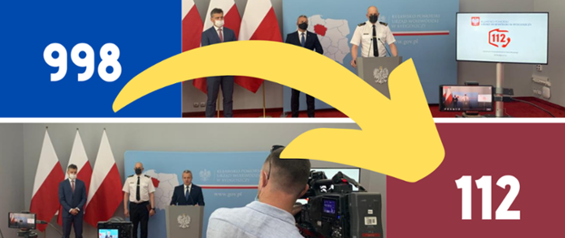 Logo akcji: 998 przejmuje 112. Wdrażamy nowe zasady numeru alarmowego. Na zdjęciu widać napisy numerów alarmowych 998 i 112 oraz wojewodę kujawsko-pomorskiego Mikołaja Bogdanowicza, Zastępcę Kujawsko-Pomorskiego Komendanta Wojewódzkiego PSP st. bryg. Sławomira Herbowskiego oraz Dyrektora Wydziału Bezpieczeństwa i Zarządzania Kryzysowego K-PUW w Bydgoszczy Rafała Rewolińskiego