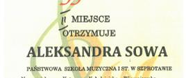 Państwowa Szkoła Muzyczna I stopnia im. Zygmunta Noskowskiego w Świebodzinie. Patronat Starosty Powiatu Świebodzińskiego. Dyplom II miejsce otrzymuje Aleksandra Sowa. Państwowa Szkoła Muzyczna I st. w Szprotawie. Nauczyciel - mgr Katarzyna Kołodziejska - Wierzejewska, fortepian - mgr Wojciech Zawiślak. Grupa I Ogólnopolskie Forum Instrumentalne "Miniatura 2024". Prof. Karina Gidaszewska, prof. Karol Schmidt, mgr Iwan Moroz, Świebodzin, dnia 18 - 19 marca 2024r.