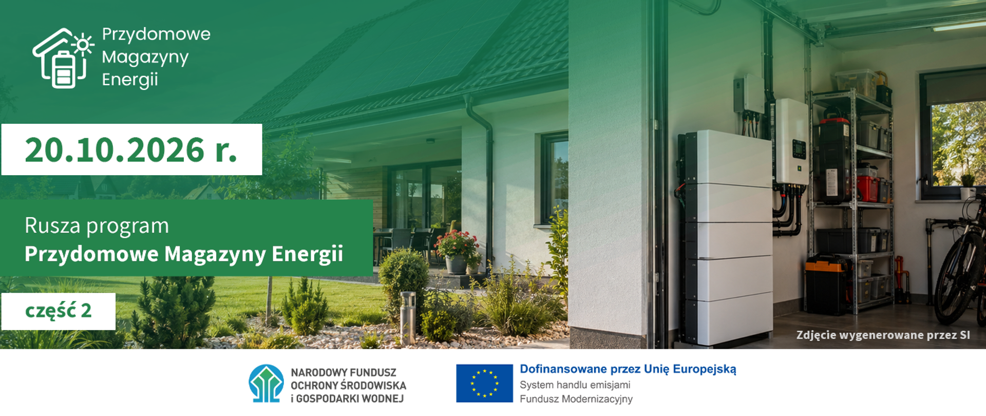 Nowoczesny dom wyposażony w instalację fotowoltaiczną na dachu. Po prawej stronie widać otwarty garaż, w którym znajduje się magazyn energii. Grafika utrzymana w ciepłych zielonych kolorach.