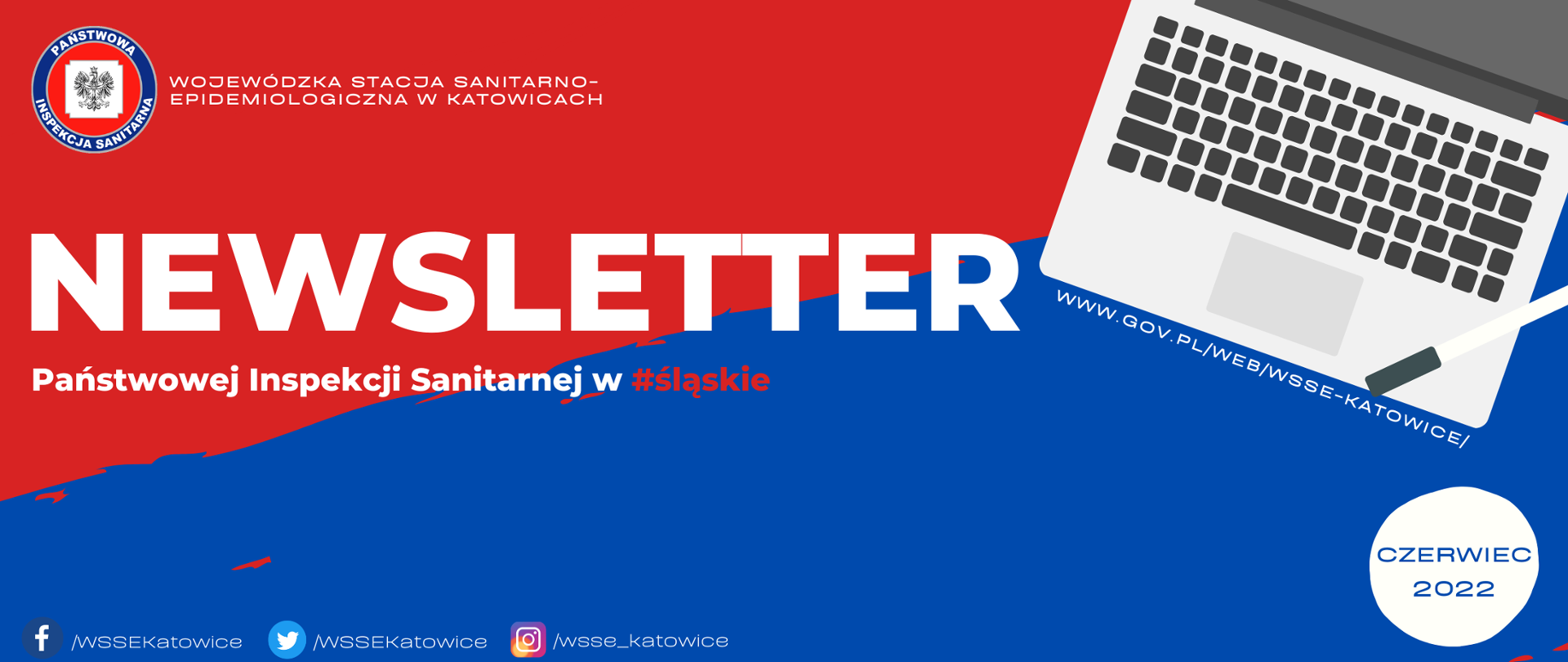 Banner w kolorystyce niebiesko-czerwonej z logo Państwowej Inspekcji Sanitarnej, grafiką komputera oraz odnośnikami do portali społecznościowych prowadzonych przez Wojewódzką Stacje Sanitarno-Epidemiologiczną w Katowicach. 