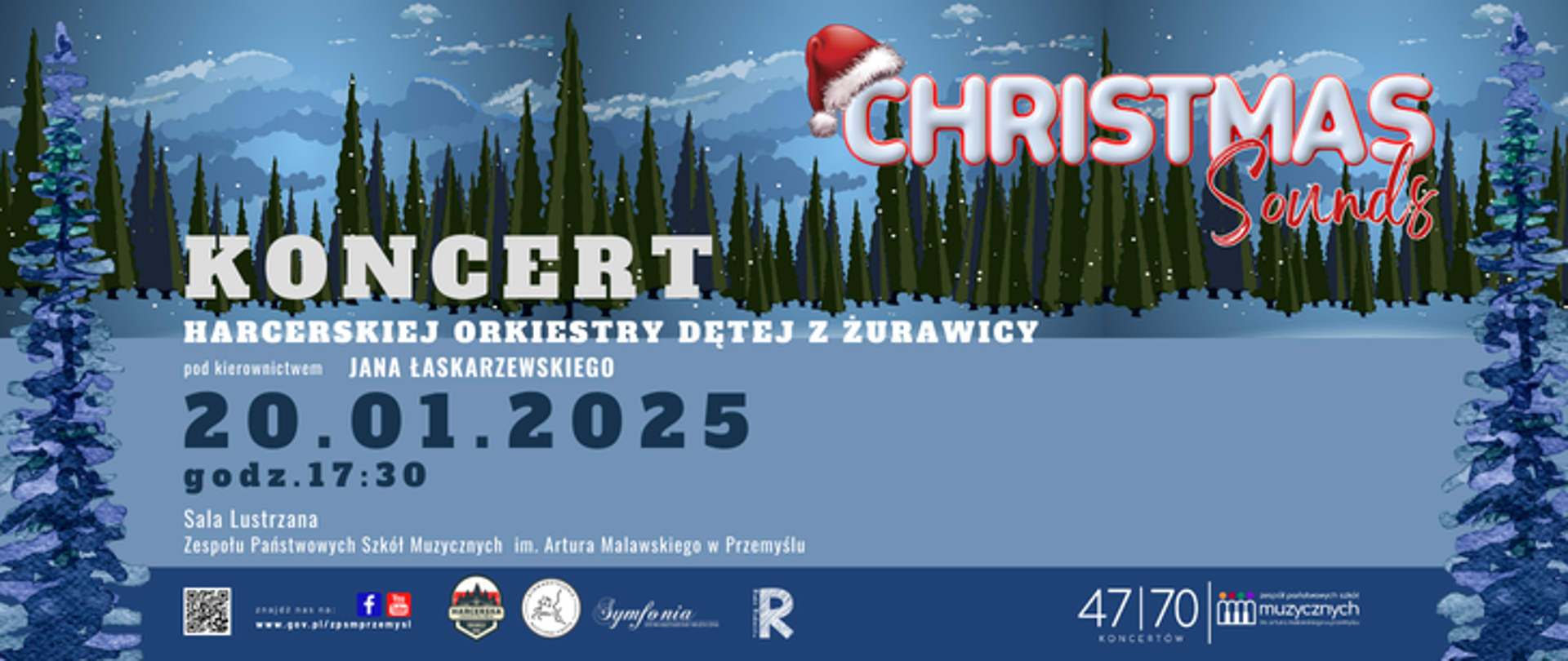 Plakat zapowiada koncert Harcerskiej Orkiestry Dętej z Żurawicy pod kierownictwem Jana Łaskarzewskiego, który odbędzie się 20 stycznia 2025 roku o godzinie 17:30 w Sali Lustrzanej Zespołu Państwowych Szkół Muzycznych im. Artura Malawskiego w Przemyślu. Na górze plakatu widnieje napis „Christmas Sounds” w stylu świątecznym – litery są w kolorze białym z czerwonymi konturami, a nad nimi umieszczona jest czapka mikołaja.
Tło plakatu przedstawia zimowy krajobraz – las z iglastymi drzewami pokrytymi śniegiem, na dole zaś przechodzi w jednolity, niebieski odcień. Po lewej i prawej stronie plakatu widać dodatkowe graficzne elementy przypominające pokryte śniegiem drzewa.
Na dole znajdują się logotypy, w tym: logo Zespołu Państwowych Szkół Muzycznych, Stowarzyszenia Muzycznego „Symfonia”, Rady Rodziców, Stowarzyszenia Muzycznego Viento, a także logo orkiestry. oraz inicjatywy „47/70 Koncertów”. Całość utrzymana jest w zimowo-świątecznej kolorystyce z przewagą odcieni niebieskiego i bieli.