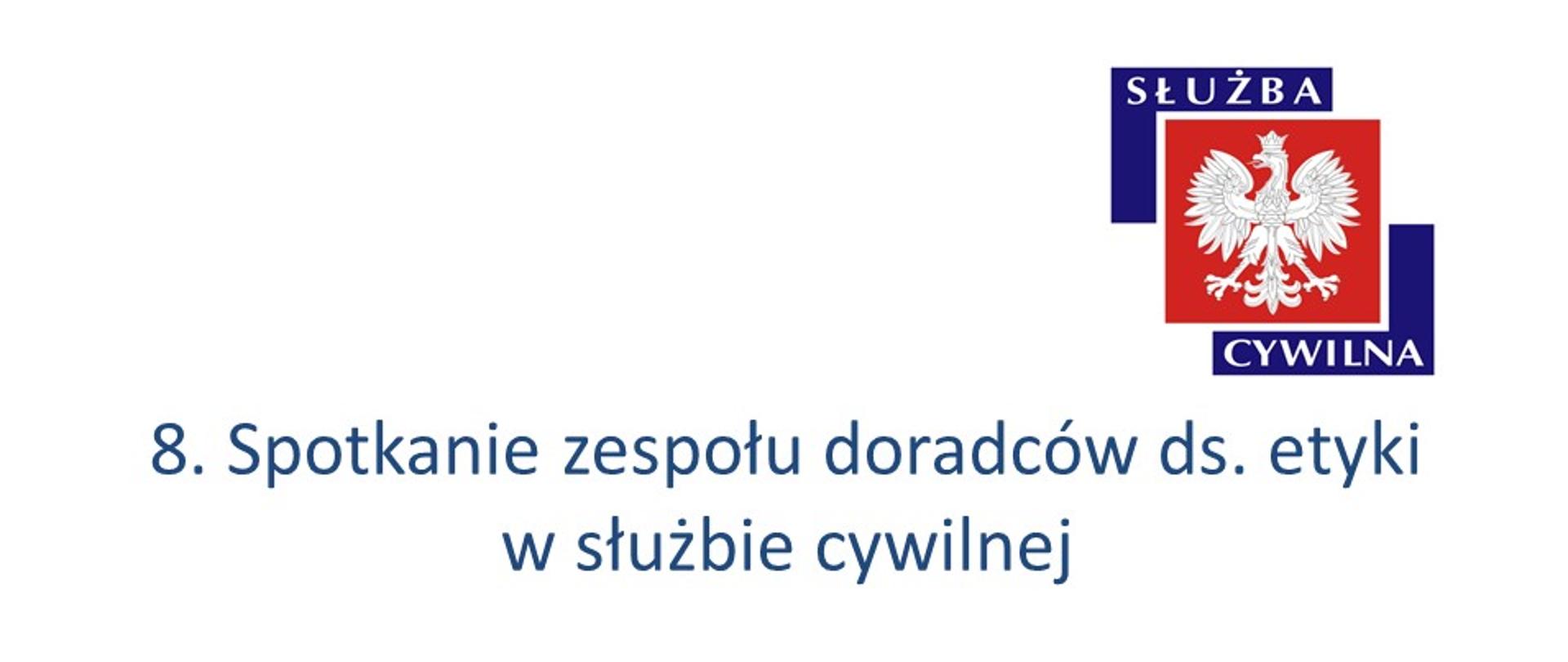 Slajd tytułowy - na slajdu napis "8. spotkanie zespołu doradców ds. etyki w służbie cywilnej" oraz data - 16.12.2020 r. W prawym górnym rogu logo służby cywilnej.