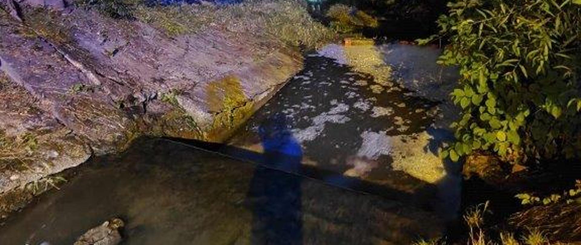 Widoczna piana na powierzchni potoku. Poniżej zapora sorpcyjna.