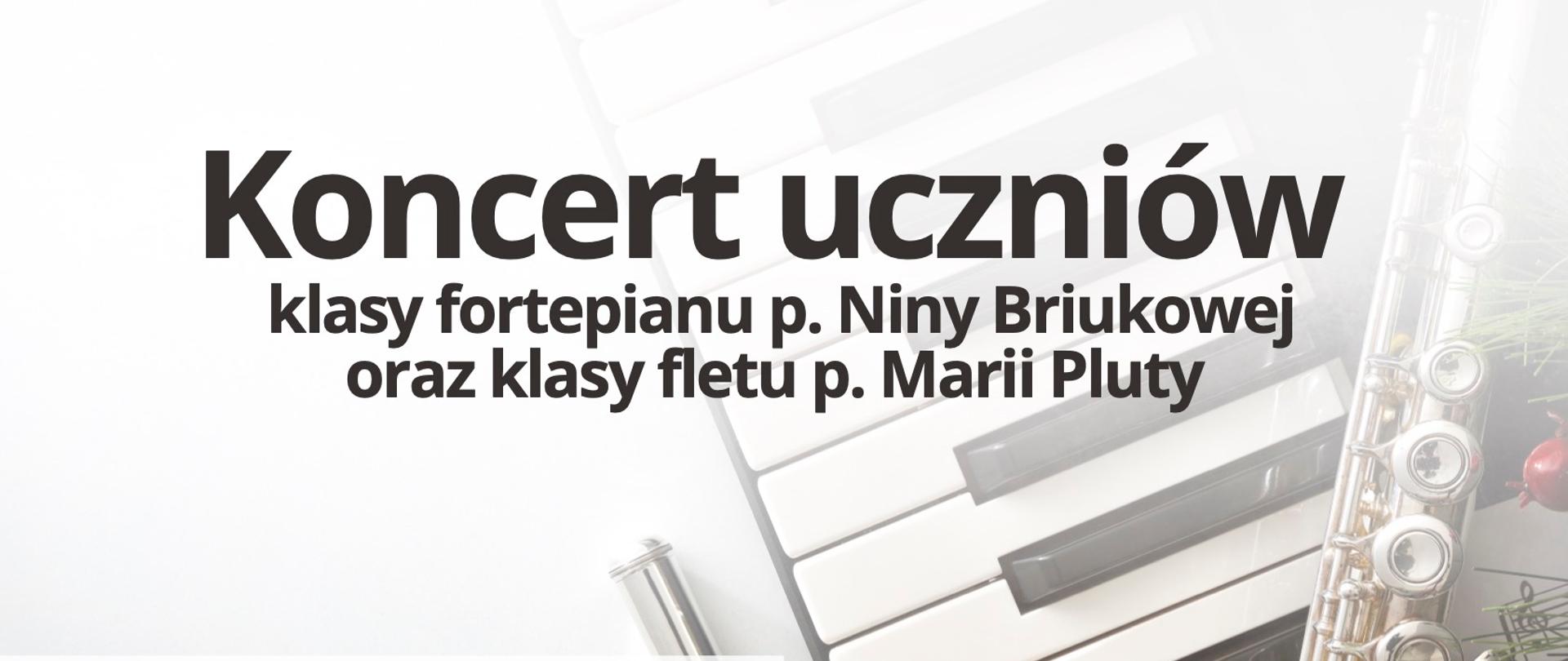 Plakat przedstawiający klawiaturę fortepianu oraz flet na białym tle, na górze i po lewej stronie informacje na temat koncertu