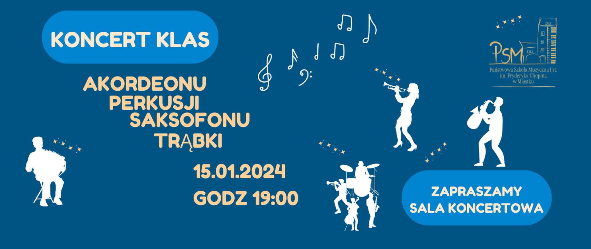 Grafika informująca o koncercie uczniów klasy akordeonu, perkusji, saksofonu i trąbki 15 stycznia 2024 o godz. 19:00 w sali koncertowej naszej szkoły