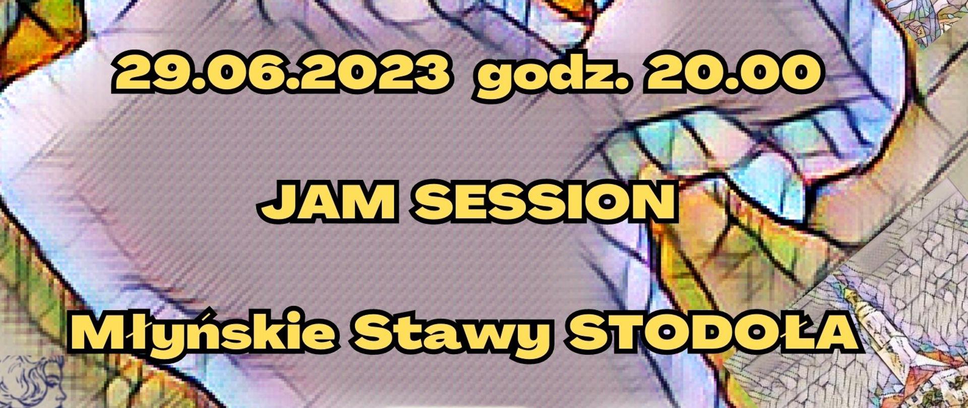 Plakat. Tłem plakatu jest mozaika budynków drewnianych oraz orkiestry. Na śroku umieszczony wpis " I Międzynarodowy Wakacyjny Kurs Big-Bandów Namysłów 26.06.2023 - 01.07.2023, 29.06.2023 godz. 20:00 Jam Session Młyńskie Stawy Stodoła. W dolnej części wpis " Dzięki naszym sponsorom wstęp na koncerty jest bezpłatny oraz lpgotypy sponsorów.