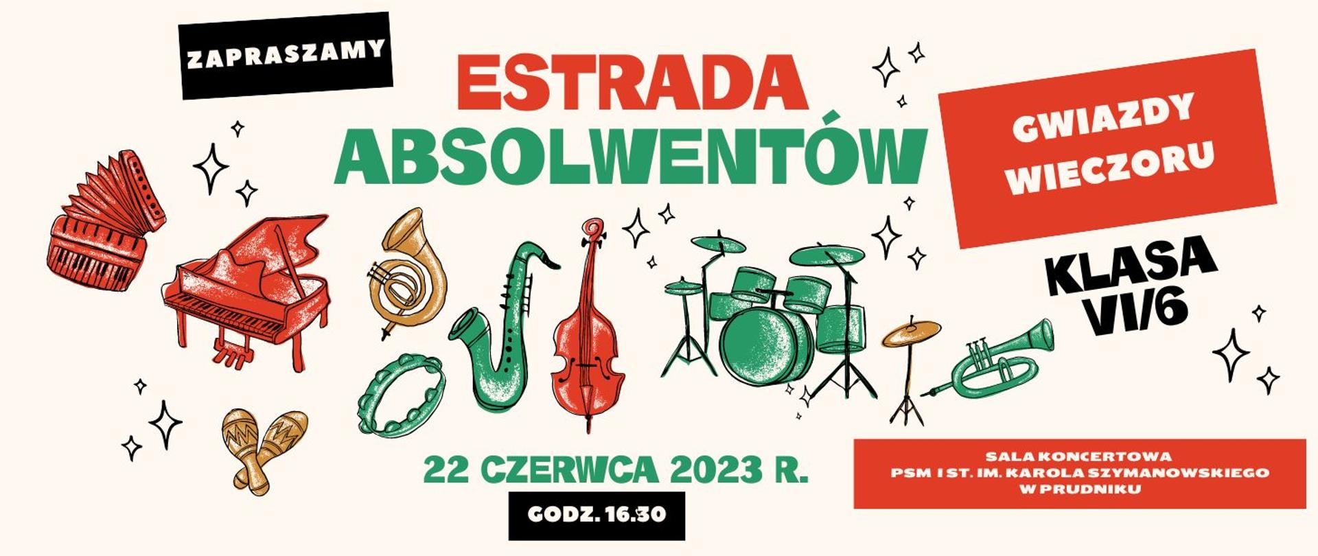 Baner z informacją o estradzie absolwentów. W tle różnokolorowe instrumenty.