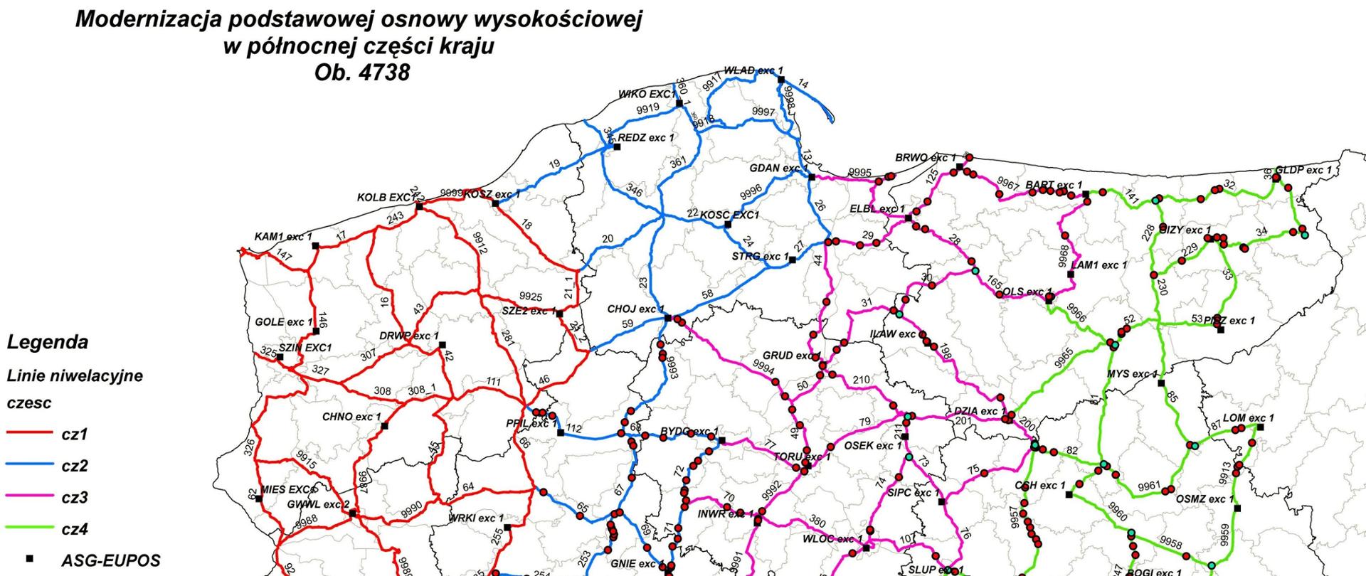 Ilustracja przedstawia fragment mapy Polski z przebiegiem linii niwelacyjnych planowanych do pomiaru w ramach poszczególnych części ogłoszonego postępowania przetargowego.