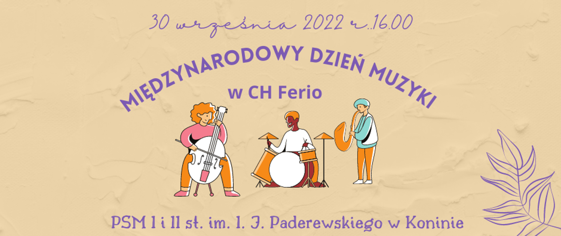 Grafika przedstawiająca trzech grających muzyków: perkusistę, saksofonistę i kontrabasistę na kremowym tle, fioletowe napisy, 30.09.2022, godzina 16.00, 