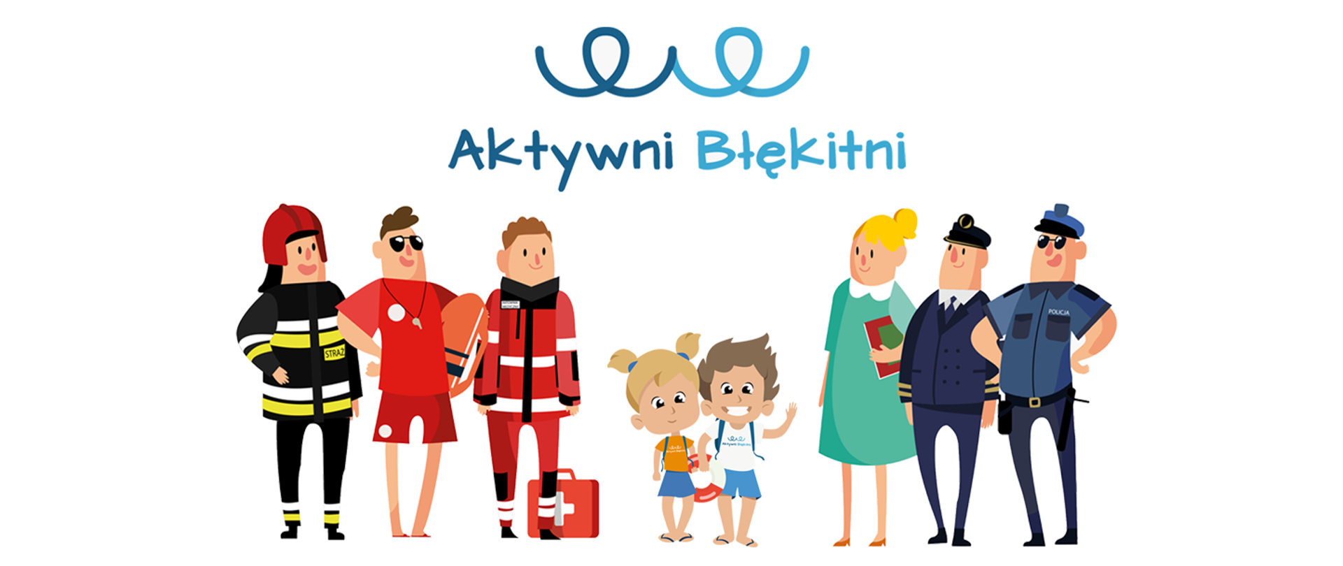 Logo z rysunkowymi postaciami strażaka, ratownika wodnego, ratownika medycznego, policjanta i tak dalej. W środku postaci dwójki dzieci. Na górze napis Aktywni Błękitni