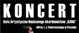 Zdjęcie przedstawia kobietę grającą na akordeonie. Na plakacie dookoła napisy informujące o koncercie w kolorze białym.
