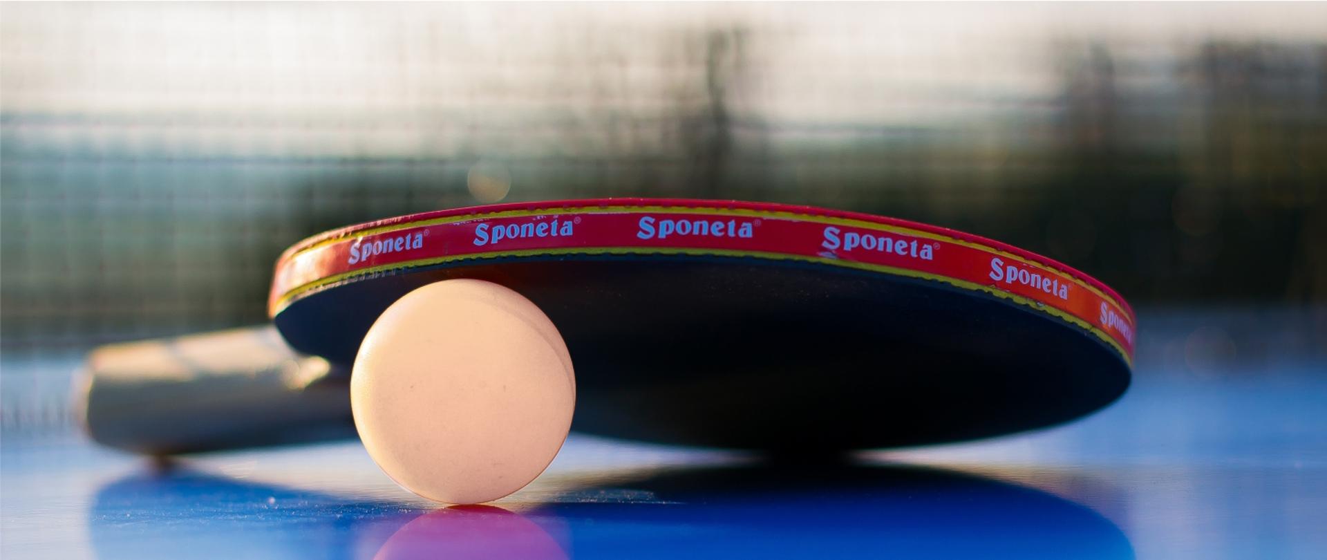 Dzjęcie przedstawia paletkę i piłeczkę do ping-ponga