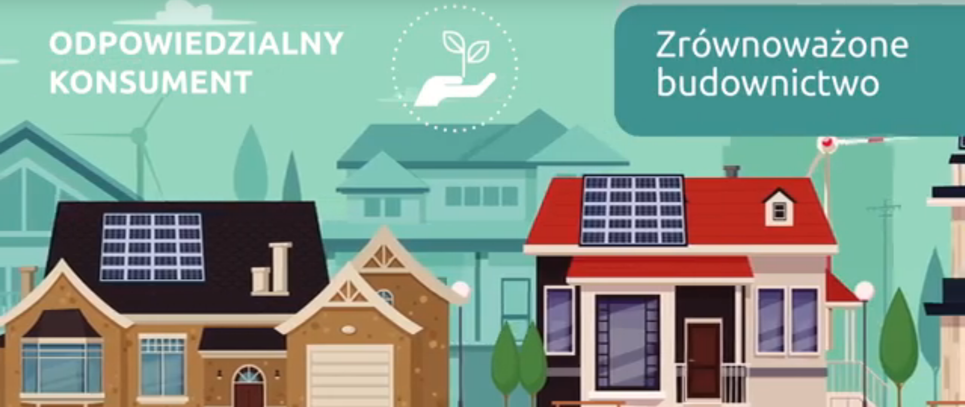 grafika przedstawia budynki, nad którymi jest napis "Odpowiedzialny konsument: Zrównoważone budownictwo".