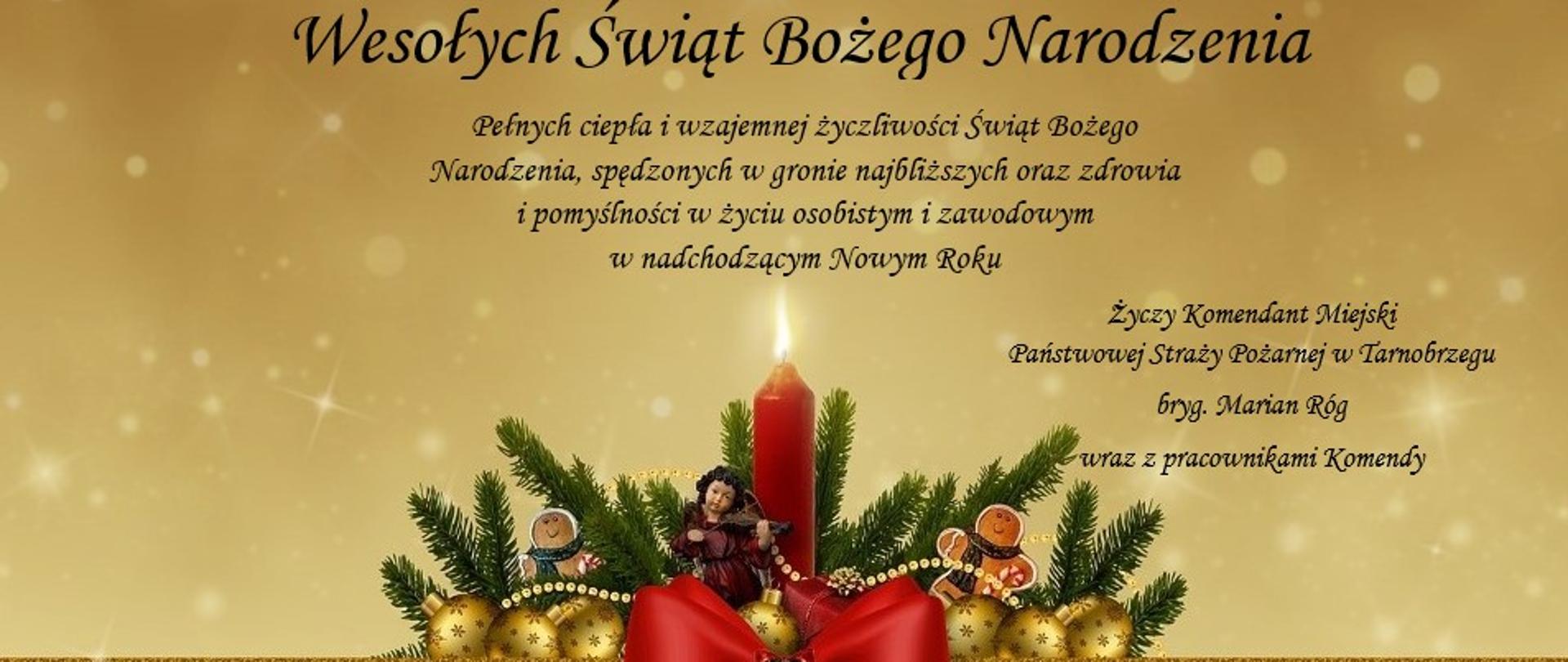 W górnej i środkowej części obrazu widoczna treść życzeń świątecznych, pod którą znajduje się informacja o osobie składającej życzenia, tło pod życzeniami koloru brązowego z delikatnie zaakcentowanymi małymi okręgami oraz gwiazdkami. W dolnej części znajduje się pasek koloru zielonego z widocznymi gwiazdkami, nad którym znajduje się wąski pas koloru złotego. Nad nimi umieszczona jest świąteczna ozdoba, w skład której wchodzi czerwona, płonąca świeca z czerwoną kokardą, postać anioła grającego na skrzypcach, bąbki choinkowe koloru złotego, bajkowe postacie oraz gałązki świerkowe. 