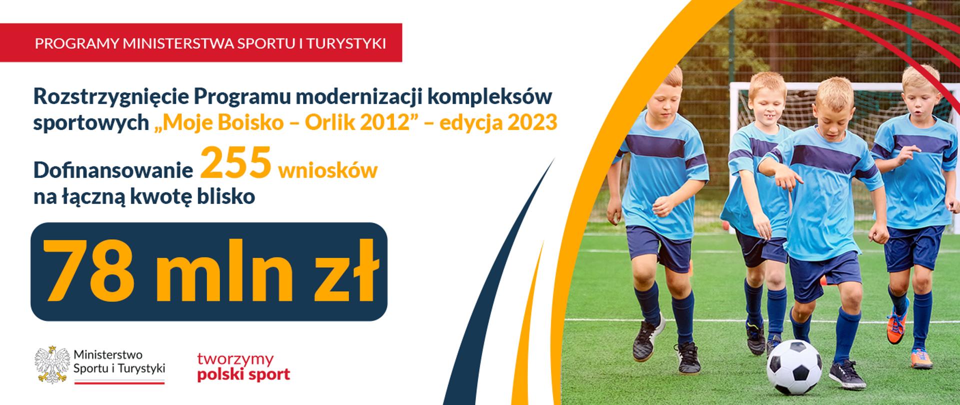 Grafika z napisem: Rozstrzygnięcie Programu modernizacji kompleksów sportowych "Moje Boisko - Orlik 2012". Na zdjęciu czterech małych piłkarzy biegających po Orliku za piłką nożną.