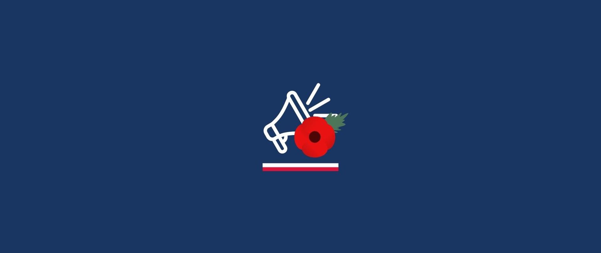 baner o granatowym tle - w centrum graficzny symbol symbol ilustrujący komunikat dotyczący zamknięcia biur Ambasady w związku z ANZAC Day: megafon, przypinka w formie kwiata maku i biało-czerwony pasek