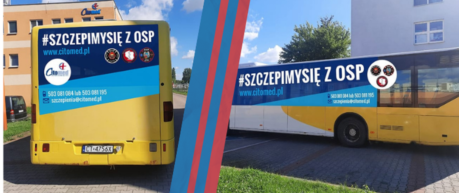 Na zdjęciu widoczny autobus w dwóch ujęciach - bok i tył. Pojazd jest oklejony w ramach akcji Szczepmy się z OSP